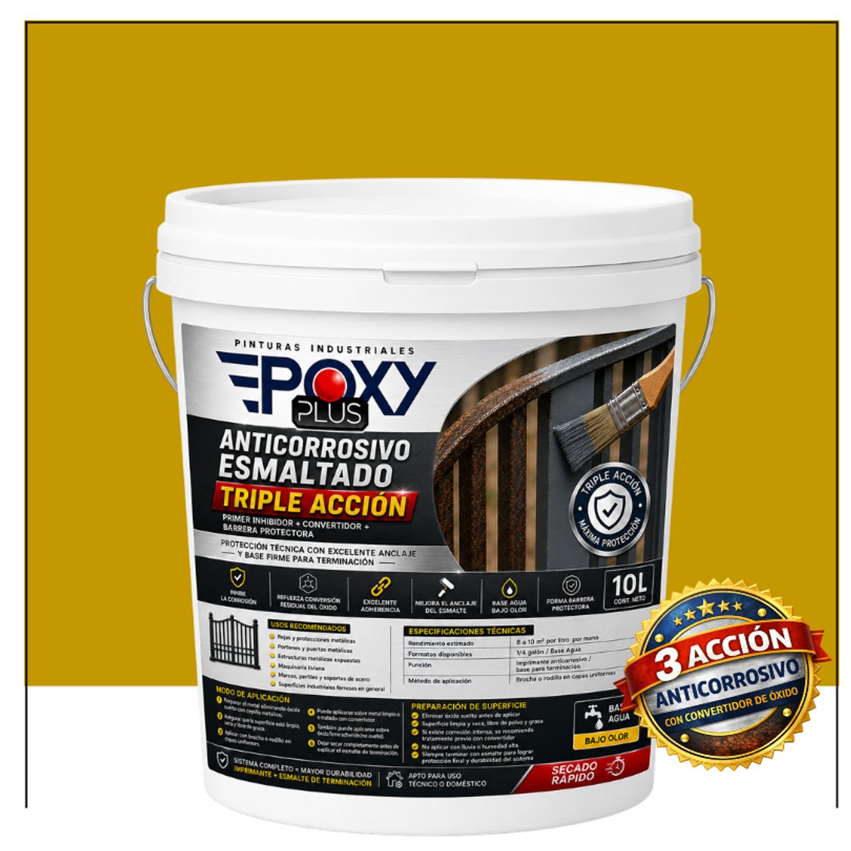 EPOXY - Anticorrosivo Profesional 3 en 1 - Directo sobre Óxido -  TINETA 10 LITROS -  AMARILLO OCRE