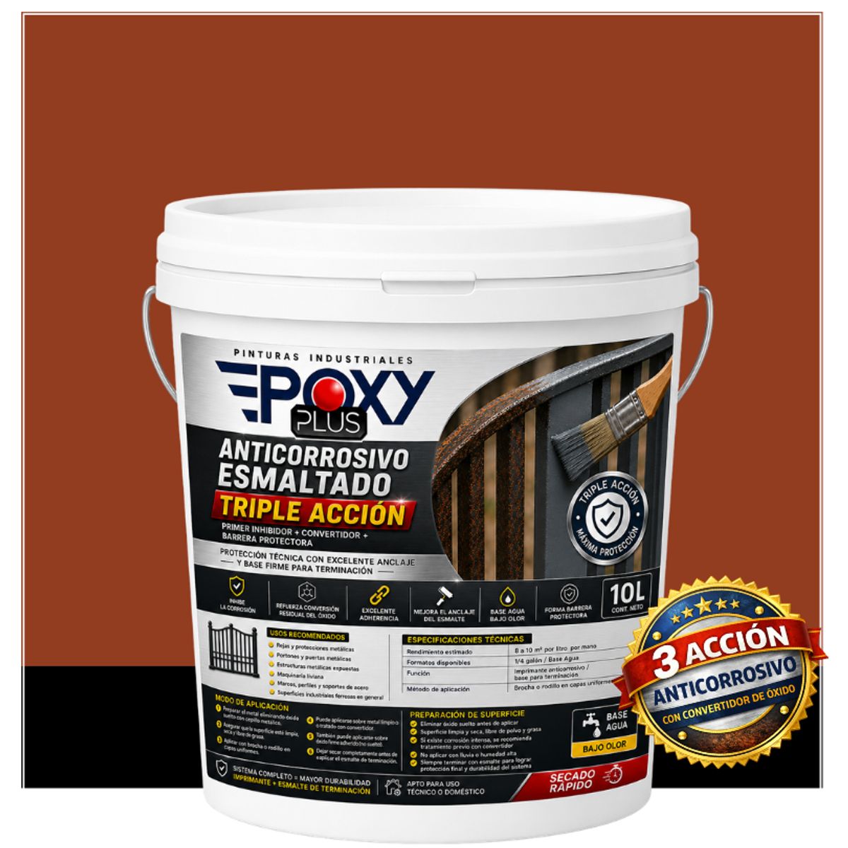 EPOXY - Anticorrosivo Profesional 3 en 1 - Directo sobre Óxido -  TINETA 10 LITROS - NARANJA PERLADO