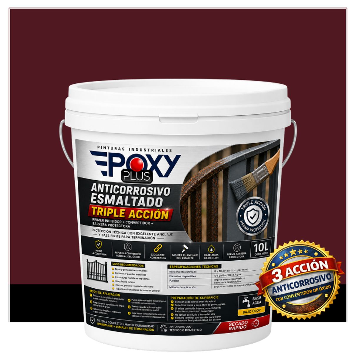 EPOXY - Anticorrosivo Profesional 3 en 1 - Directo sobre Óxido -  TINETA 10 LITROS -  ROJO VINO