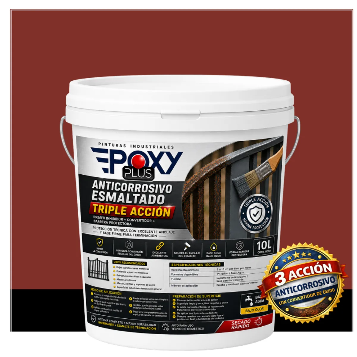 EPOXY - Anticorrosivo Profesional 3 en 1 - Directo sobre Óxido -  TINETA 10 LITROS -  ROJO MARRÓN