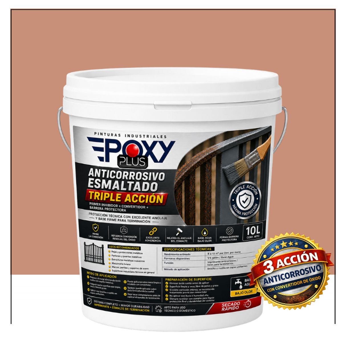 EPOXY - Anticorrosivo Profesional 3 en 1 - Directo sobre Óxido -  TINETA 10 LITROS -  ROJO BEIGE