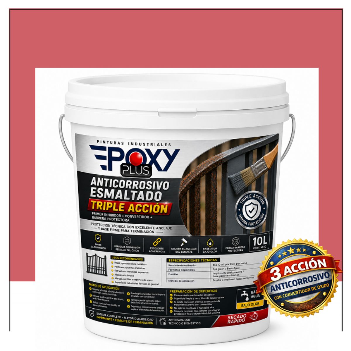 EPOXY - Anticorrosivo Profesional 3 en 1 - Directo sobre Óxido -  TINETA 10 LITROS -  ROJO ANTIGUO