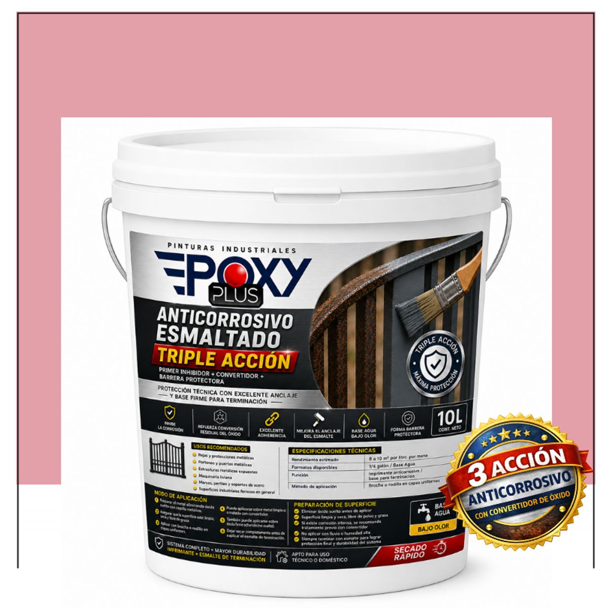 EPOXY - Anticorrosivo Profesional 3 en 1 - Directo sobre Óxido -  TINETA 10 LITROS -  ROSA CLARO