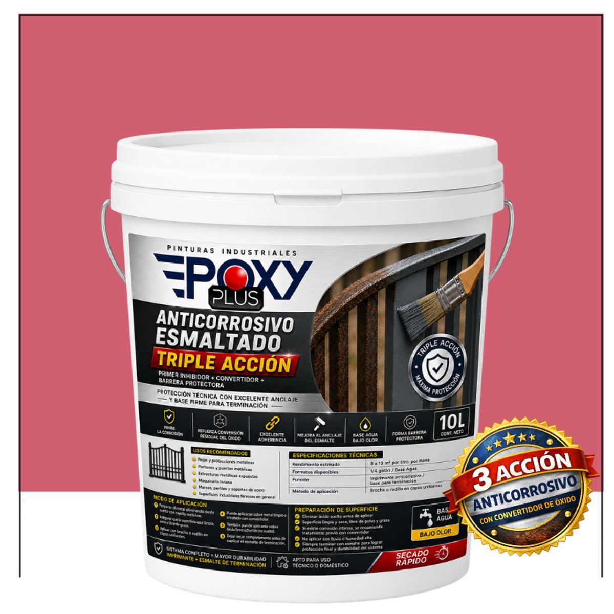 EPOXY - Anticorrosivo Profesional 3 en 1 - Directo sobre Óxido -  TINETA 10 LITROS -  ROSA