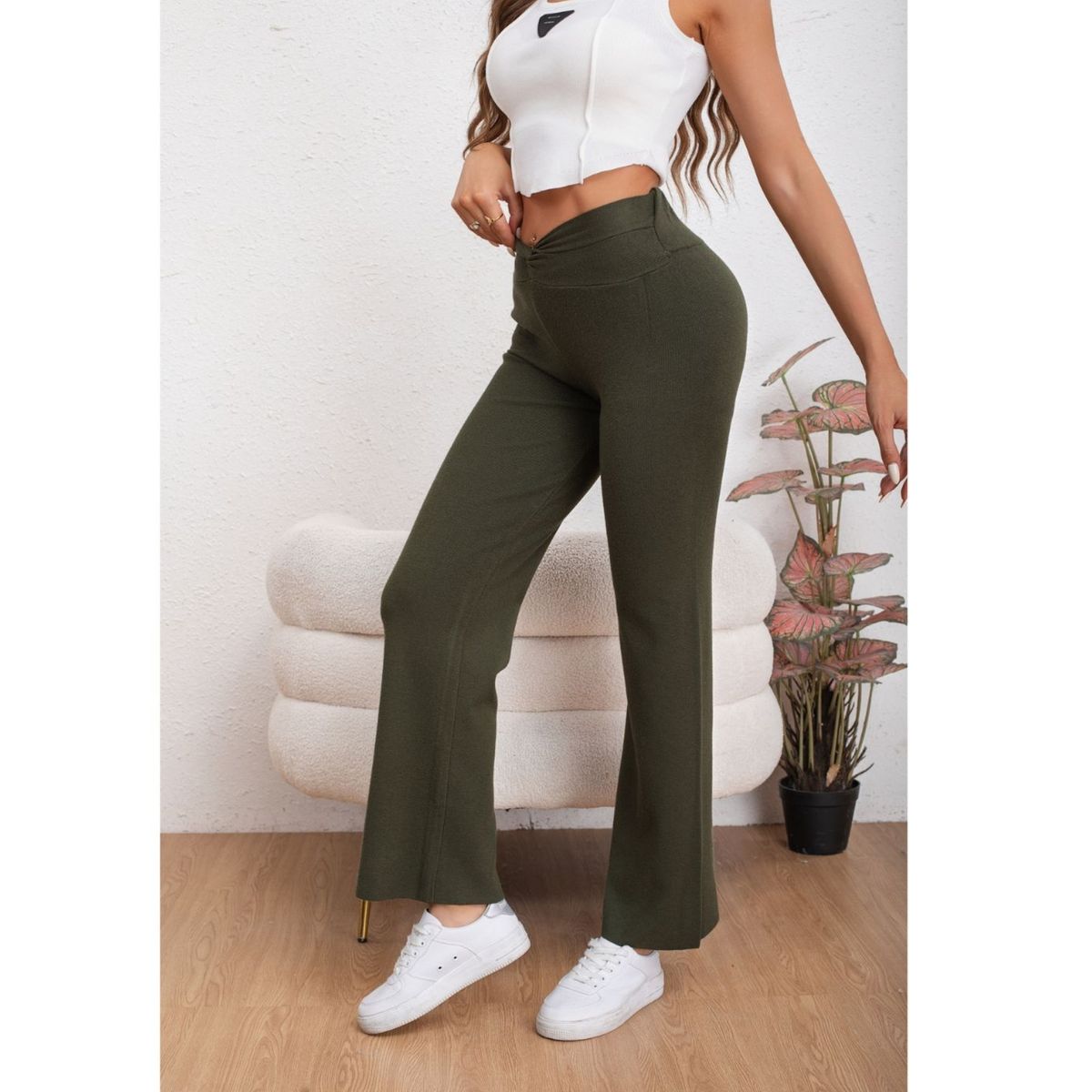 LIKE SHOP - Pantalon Mujer Tipo Calza Flare Lanilla Tiro Alto Full Elasticado 5064