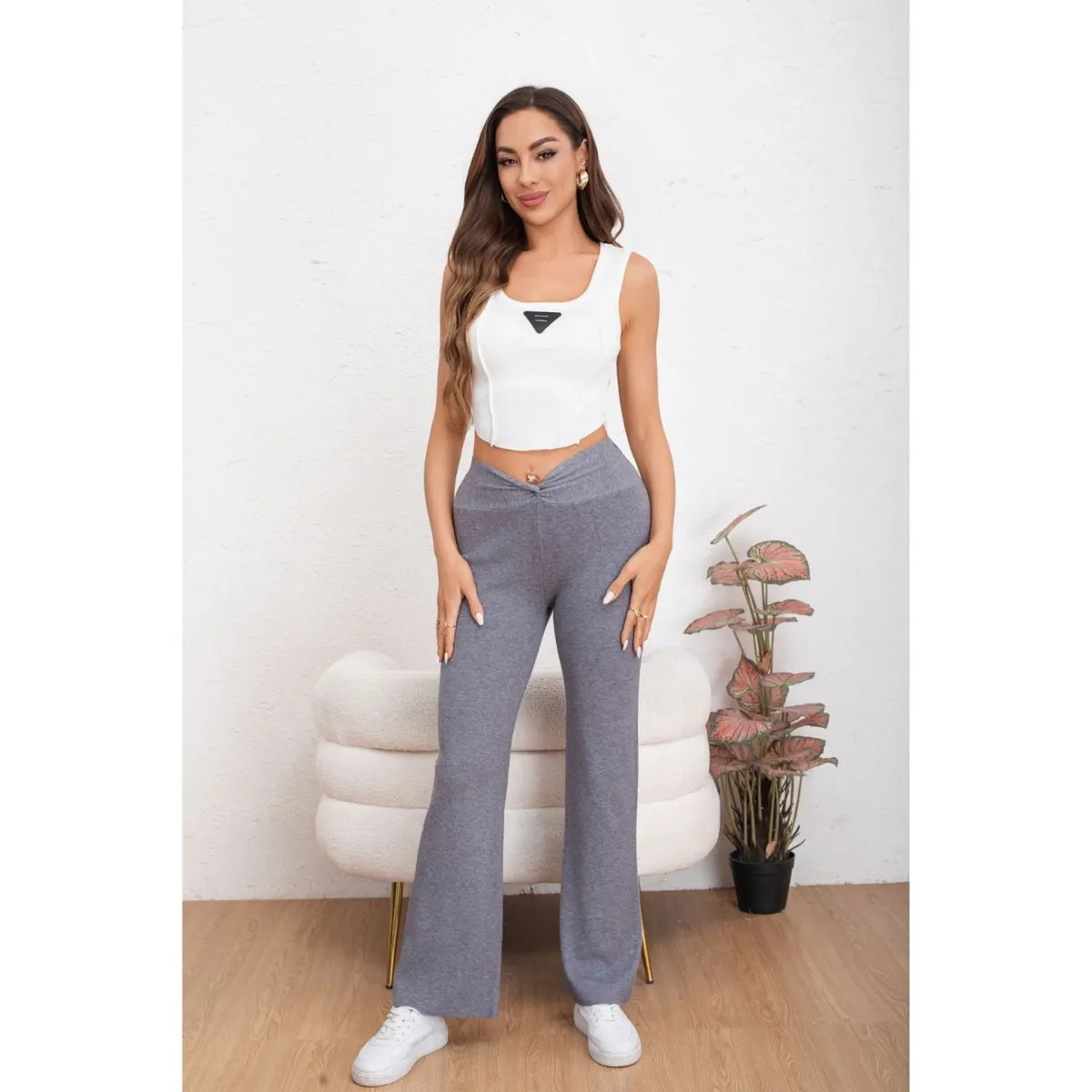 LIKE SHOP - Pantalon Mujer Tipo Calza Flare Lanilla Tiro Alto Full Elasticado 5064
