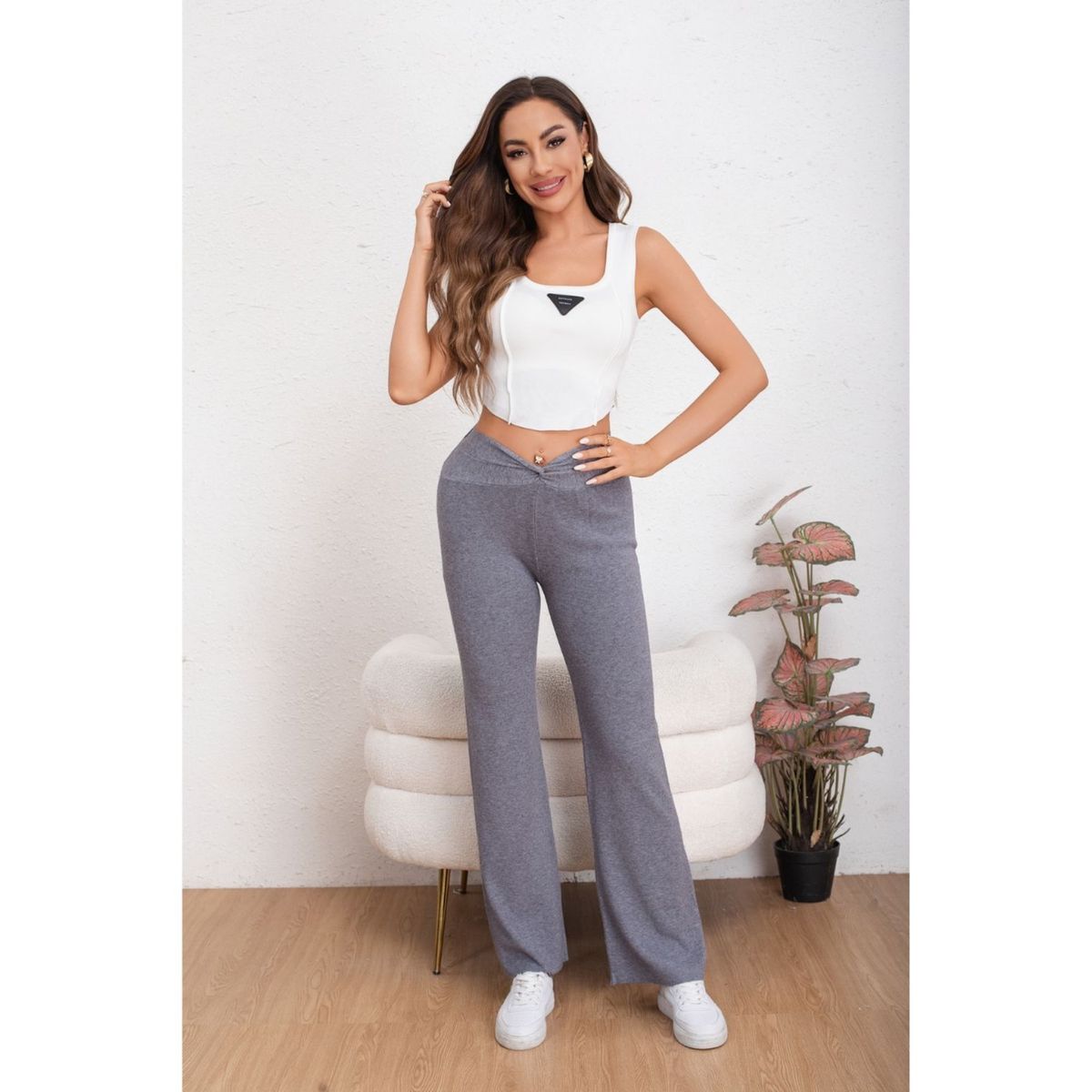 LIKE SHOP - Pantalon Mujer Tipo Calza Flare Lanilla Tiro Alto Full Elasticado 5064