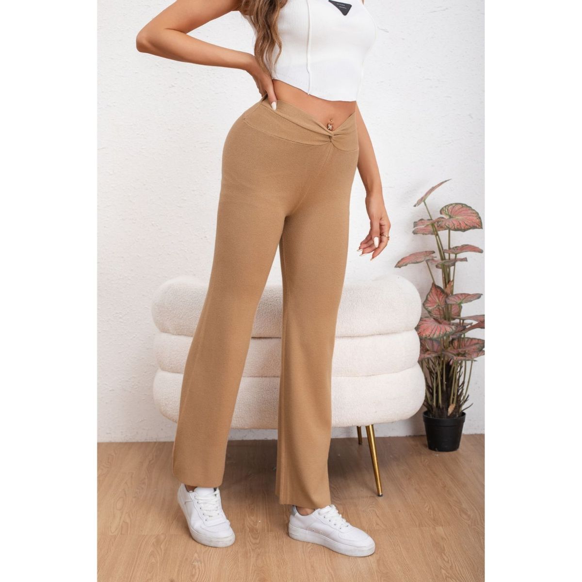 LIKE SHOP - Pantalon Mujer Tipo Calza Flare Lanilla Tiro Alto Full Elasticado 5064