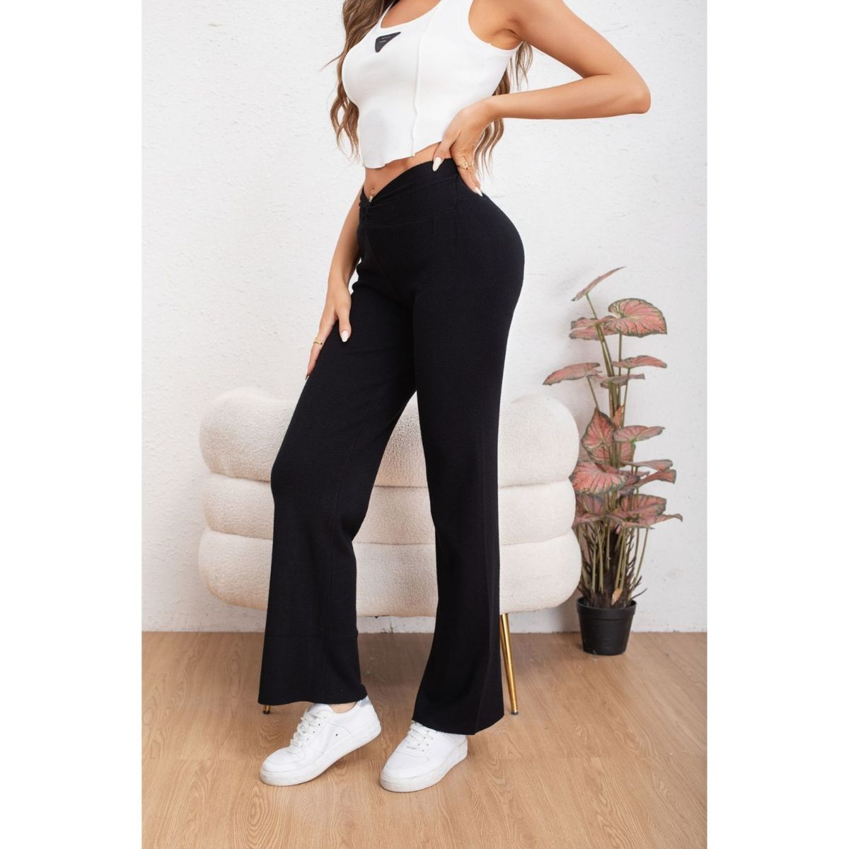 LIKE SHOP - Pantalon Mujer Tipo Calza Flare Lanilla Tiro Alto Full Elasticado 5064