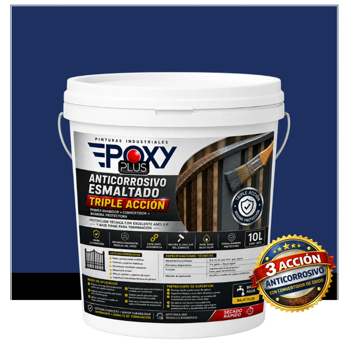 EPOXY - Anticorrosivo Profesional 3 en 1 - Directo sobre Óxido -  TINETA 10 LITROS -  AZUL ZAFIRO