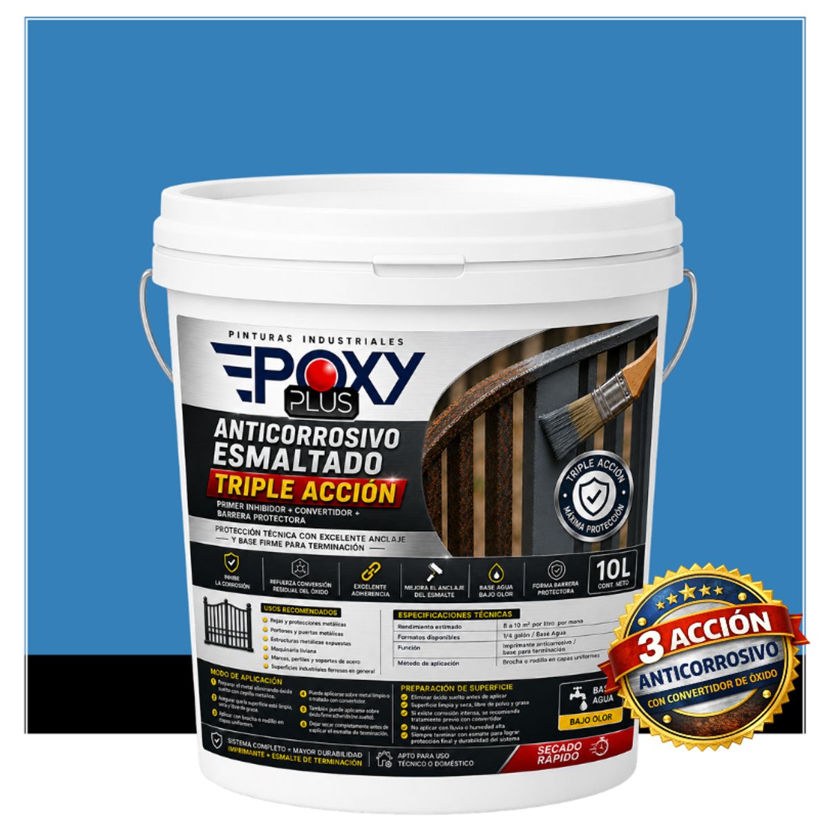 EPOXY - Anticorrosivo Profesional 3 en 1 - Directo sobre Óxido -  TINETA 10 LITROS - AZUL CLARO