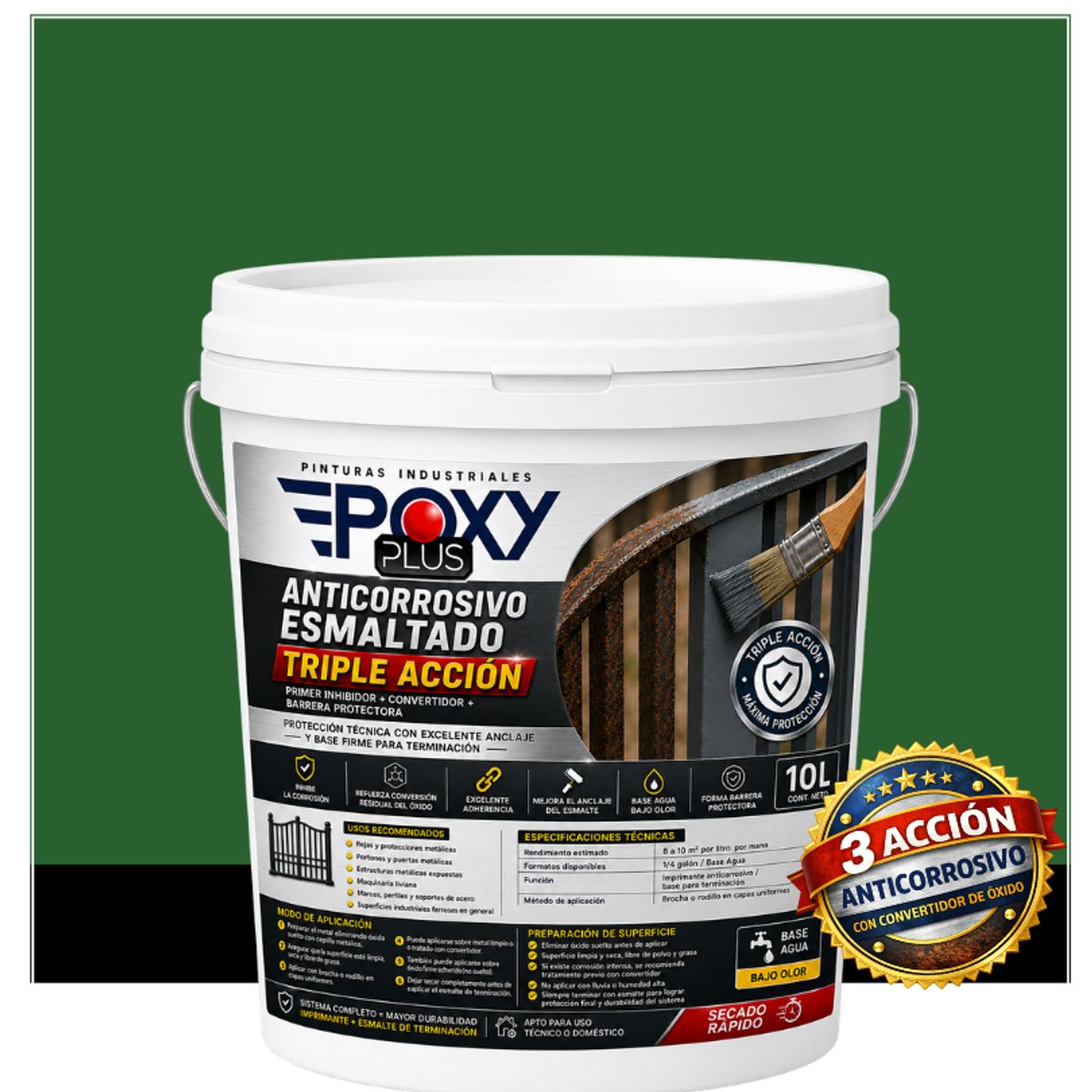 EPOXY - Anticorrosivo Profesional 3 en 1 - Directo sobre Óxido -  TINETA 10 LITROS -VERDE HOJA