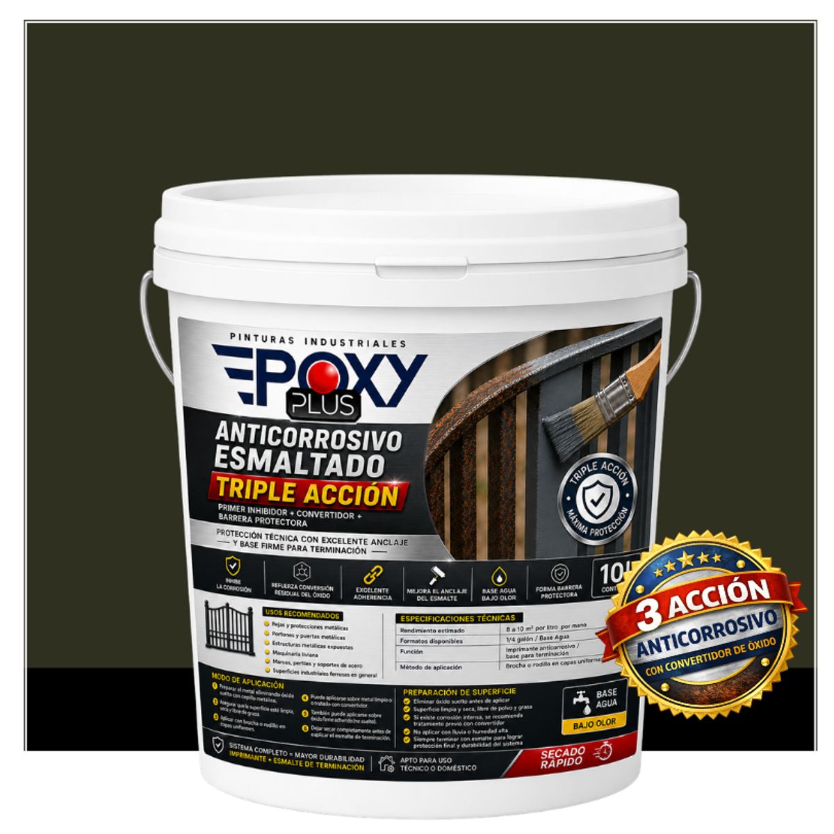 EPOXY - Anticorrosivo Profesional 3 en 1 - Directo sobre Óxido -  TINETA 10 LITROS -  VERDE MARRÓN