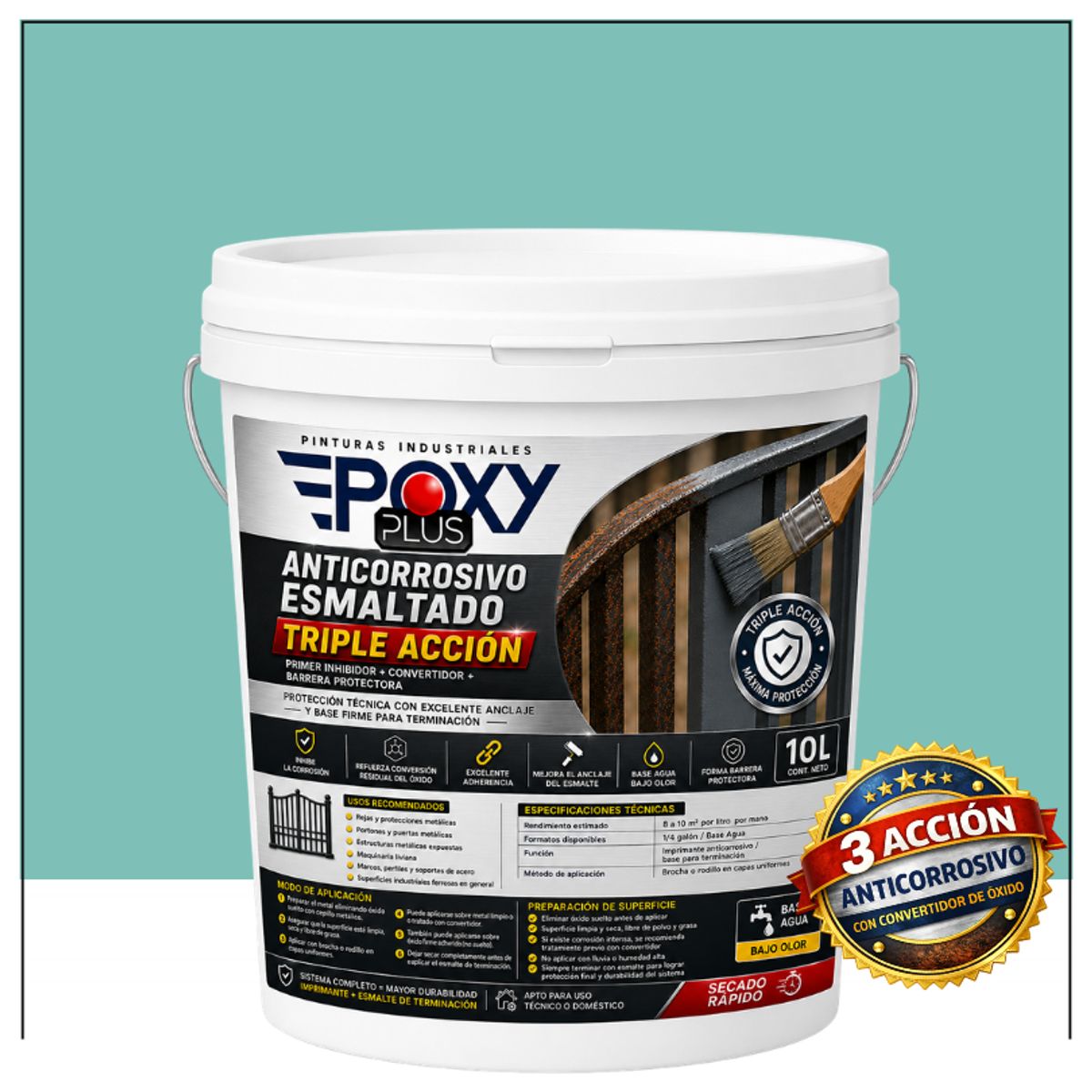 EPOXY - Anticorrosivo Profesional 3 en 1 - Directo sobre Óxido -  TINETA 10 LITROS -TURQUESA PASTEL