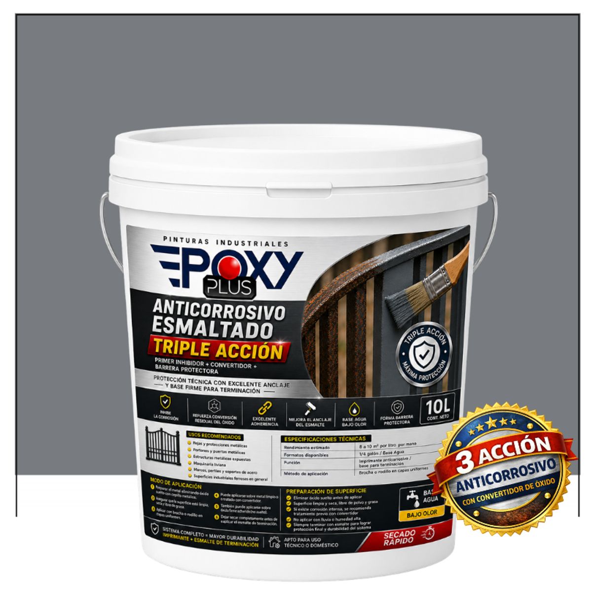 EPOXY - Anticorrosivo Profesional 3 en 1 - Directo sobre Óxido -  TINETA 10 LITROS -GRIS ARDILLA
