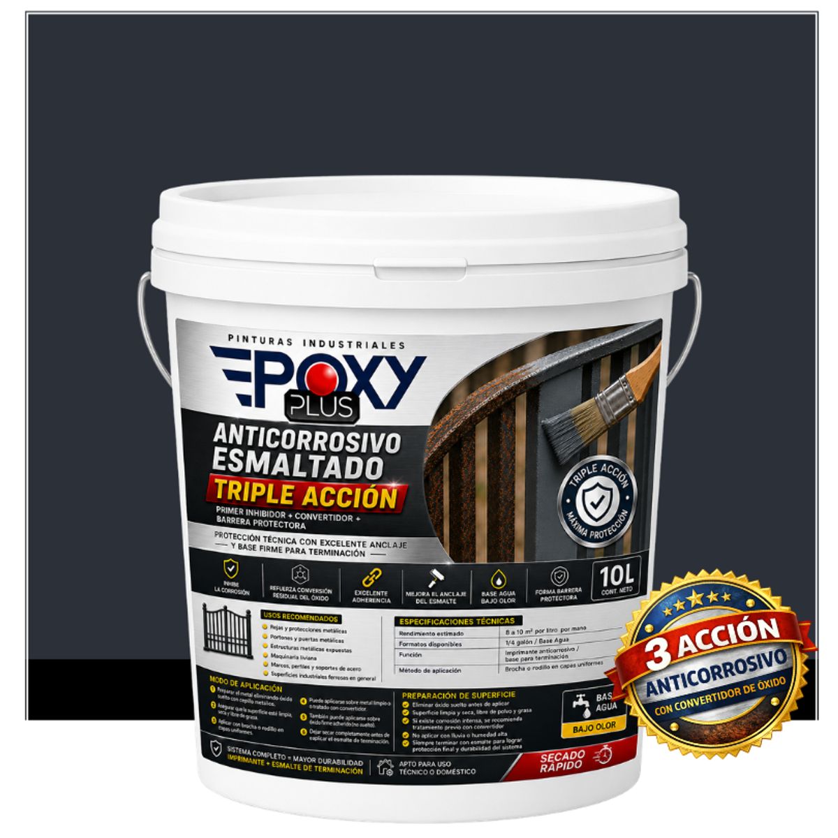 EPOXY - Anticorrosivo Profesional 3 en 1 - Directo sobre Óxido -  TINETA 10 LITROS -  GRIS NEGRO