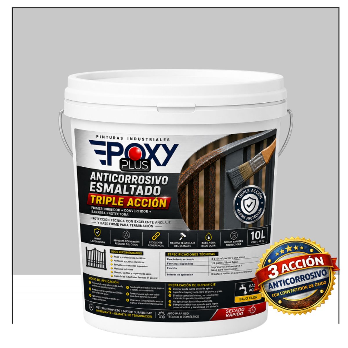 EPOXY - Anticorrosivo Profesional 3 en 1 - Directo sobre Óxido -  TINETA 10 LITROS -  GRIS CLARO