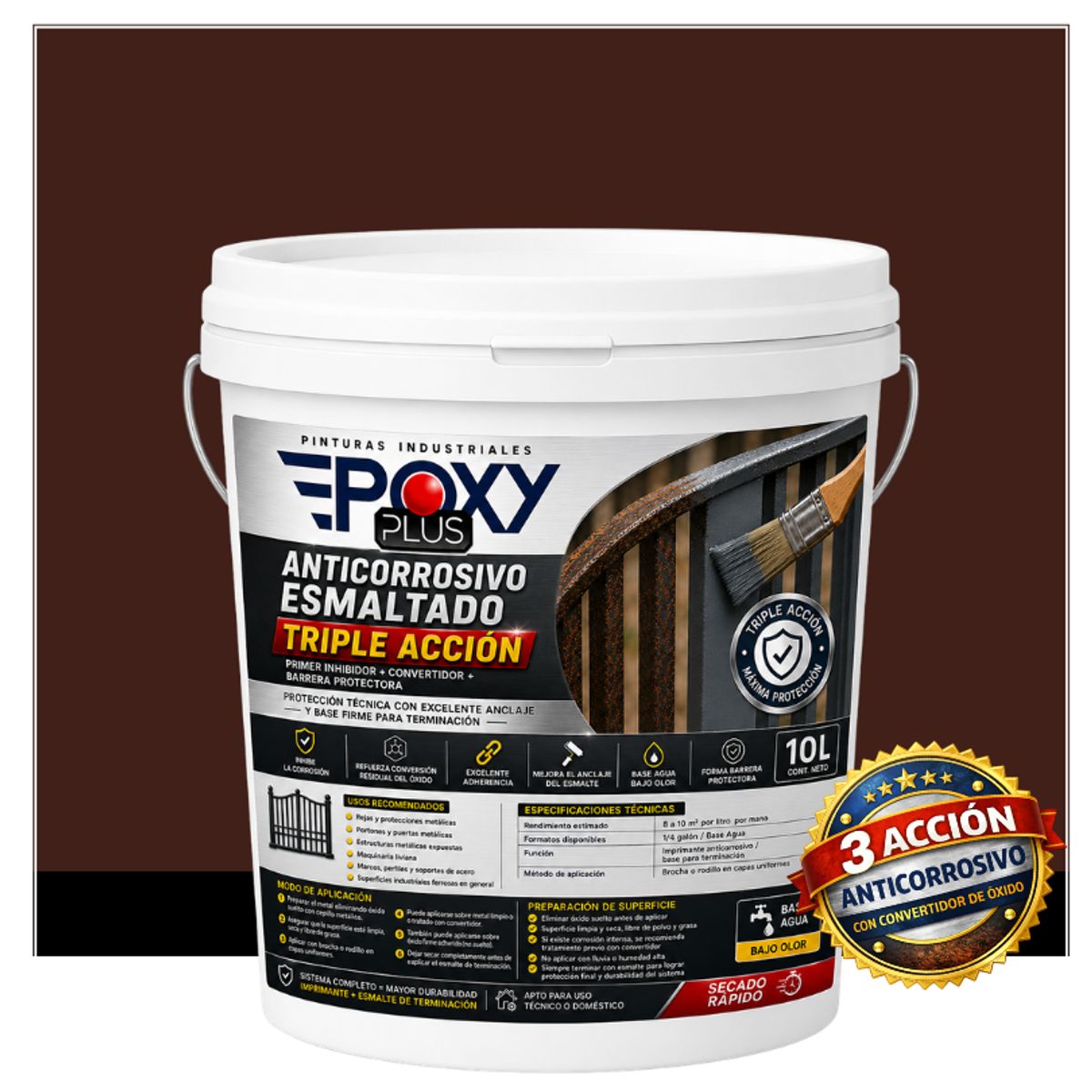 EPOXY - Anticorrosivo Profesional 3 en 1 - Directo sobre Óxido -  TINETA 10 LITROS -  MARRÓN SEPIA