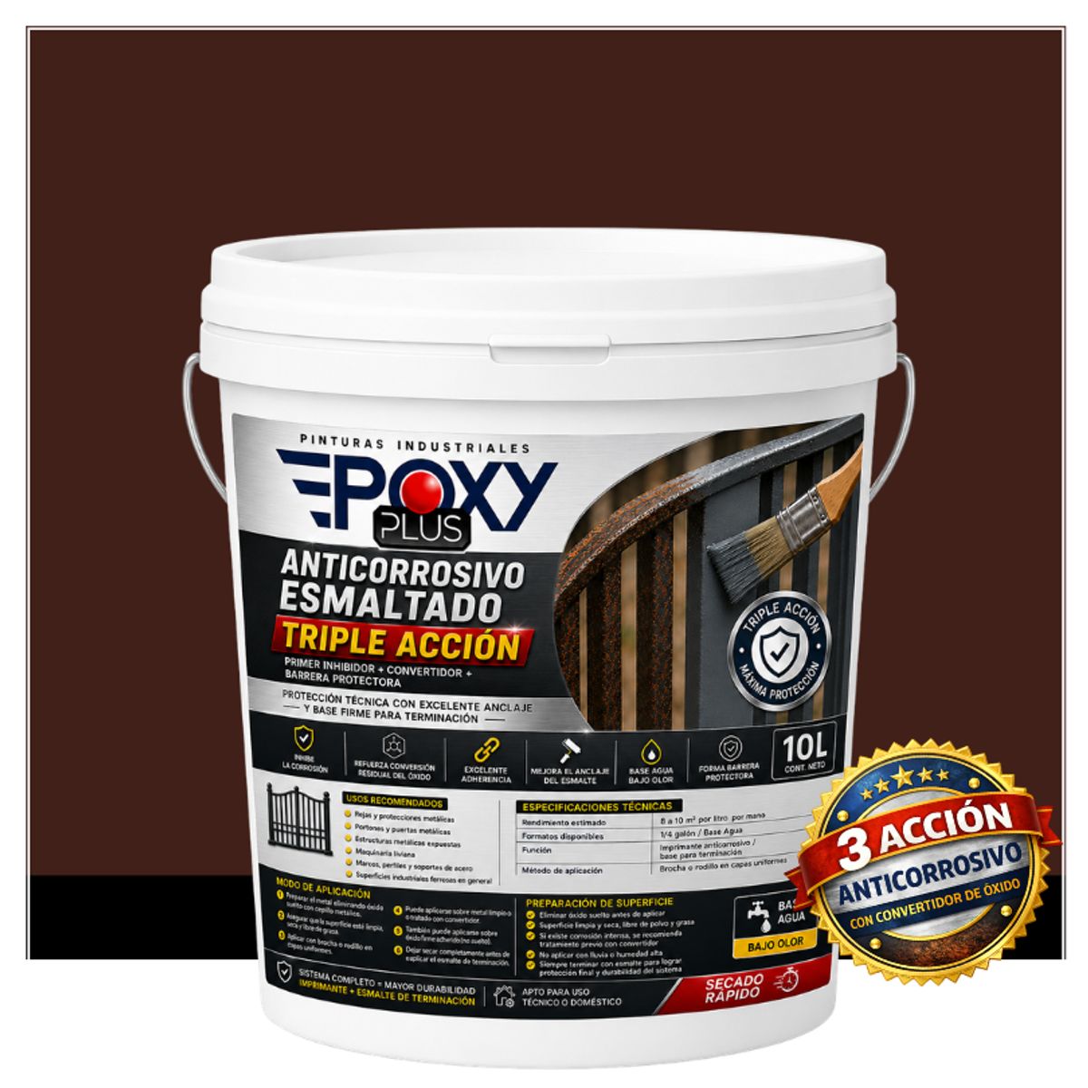 EPOXY - Anticorrosivo Profesional 3 en 1 - Directo sobre Óxido -  TINETA 10 LITROS - CHOCOLATE OSCURO