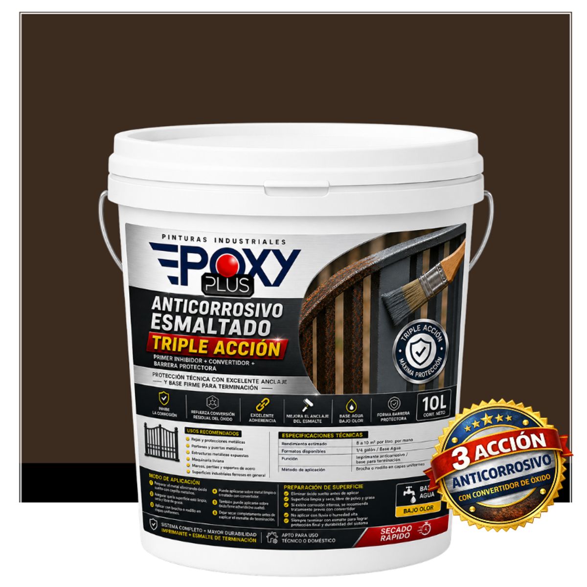 EPOXY - Anticorrosivo Profesional 3 en 1 - Directo sobre Óxido -  TINETA 10 LITROS -  GRIS MARRÓN