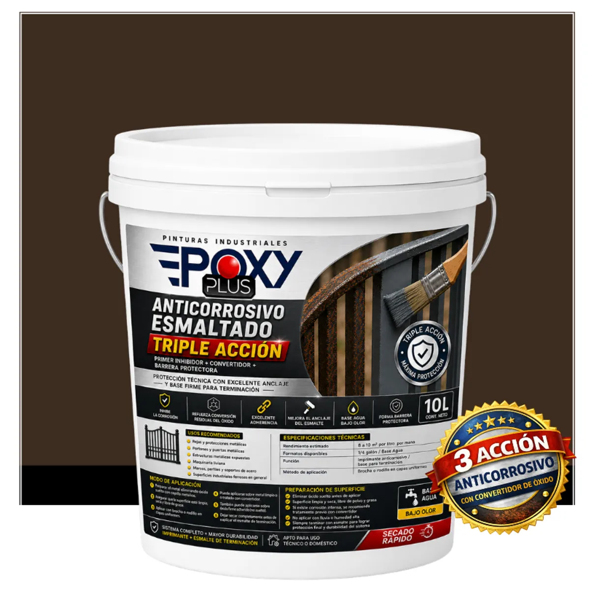 EPOXY - Anticorrosivo Profesional 3 en 1 - Directo sobre Óxido -  TINETA 10 LITROS -  GRIS MARRÓN