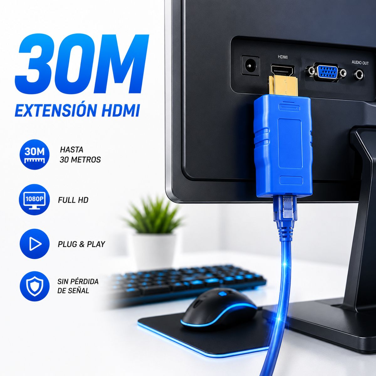 GENERICO - Adaptador Extensor HDMI a RJ45 30 Metros
