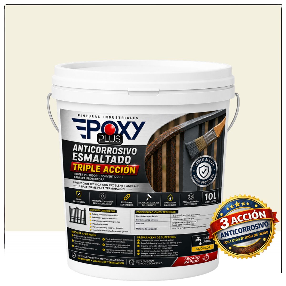 EPOXY - Anticorrosivo Profesional 3 en 1 - Directo sobre Óxido -  TINETA 10 LITROS -  BLANCO CREMA