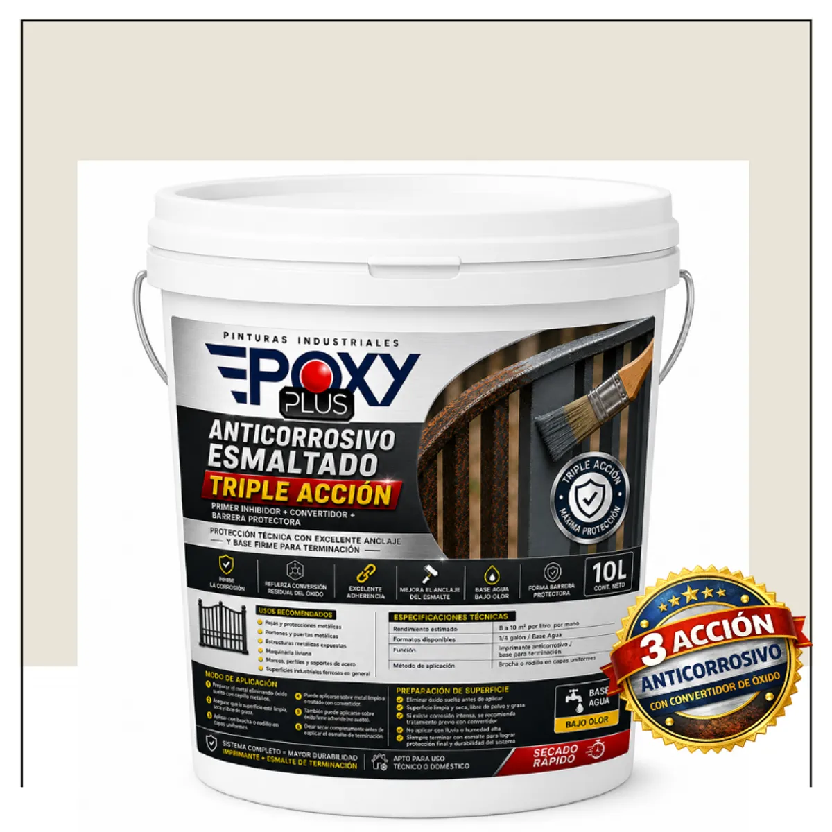 EPOXY - Anticorrosivo Profesional 3 en 1 - Directo sobre Óxido -  TINETA 10 LITROS -  BLANCO GRISÁCEO