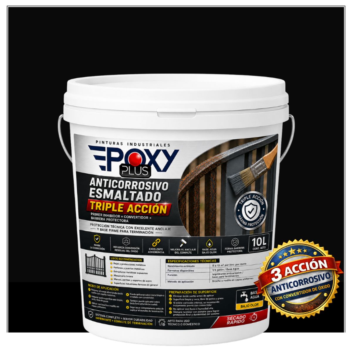 EPOXY - Anticorrosivo Profesional 3 en 1 - Directo sobre Óxido -  TINETA 10 LITROS -  NEGRO INTENSO