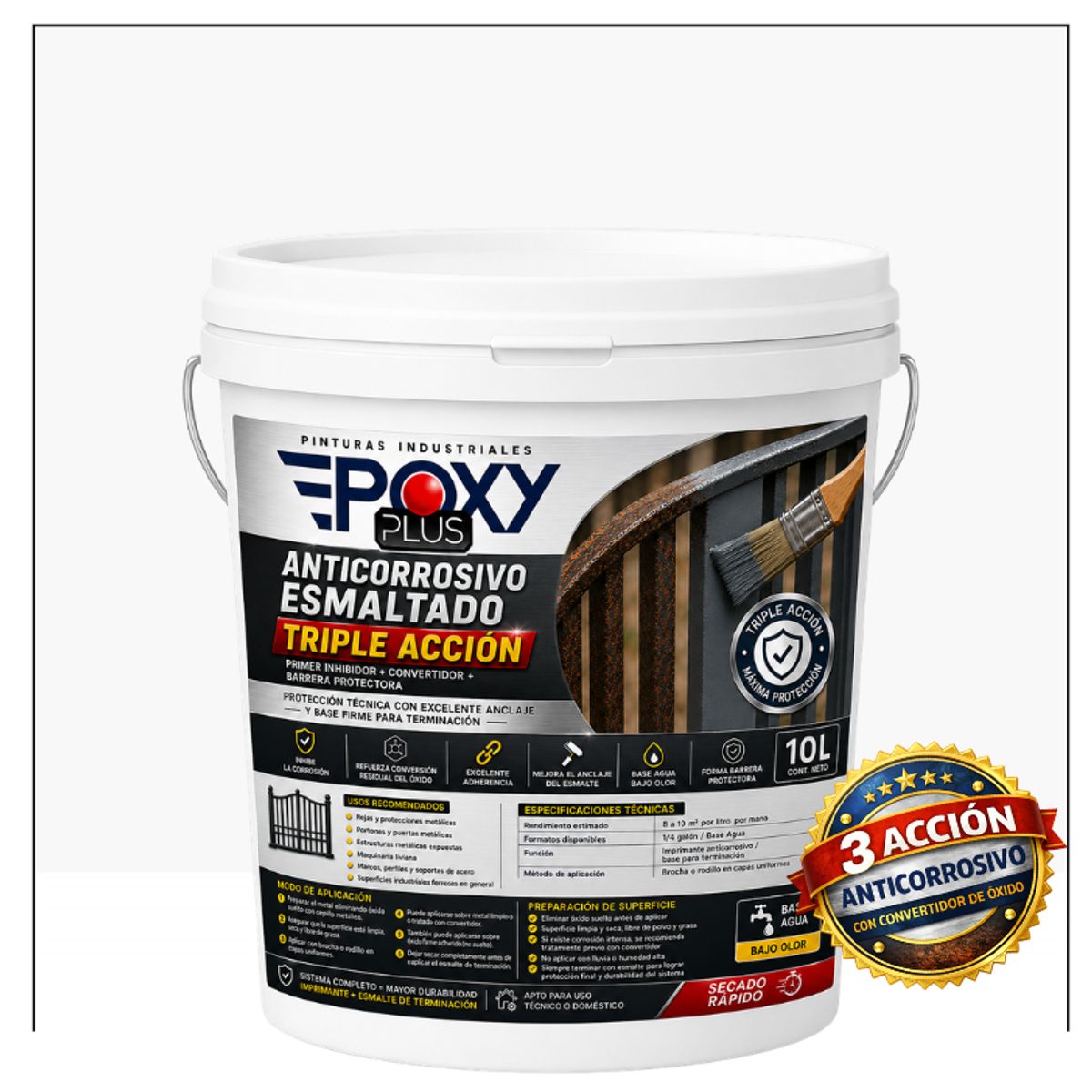 EPOXY - Anticorrosivo Profesional 3 en 1 - Directo sobre Óxido -  TINETA 10 LITROS -  BLANCO PURO