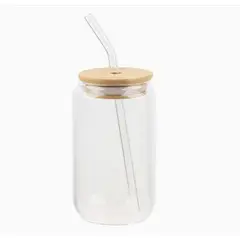GENERICO - Vaso de vidrio con tapa de bambú y bombilla – 550 ml