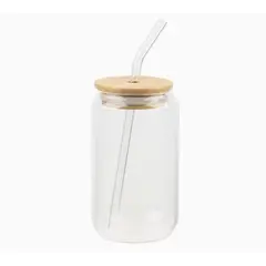 GENERICO - Vaso de vidrio con tapa de bambú y bombilla – 450 ml