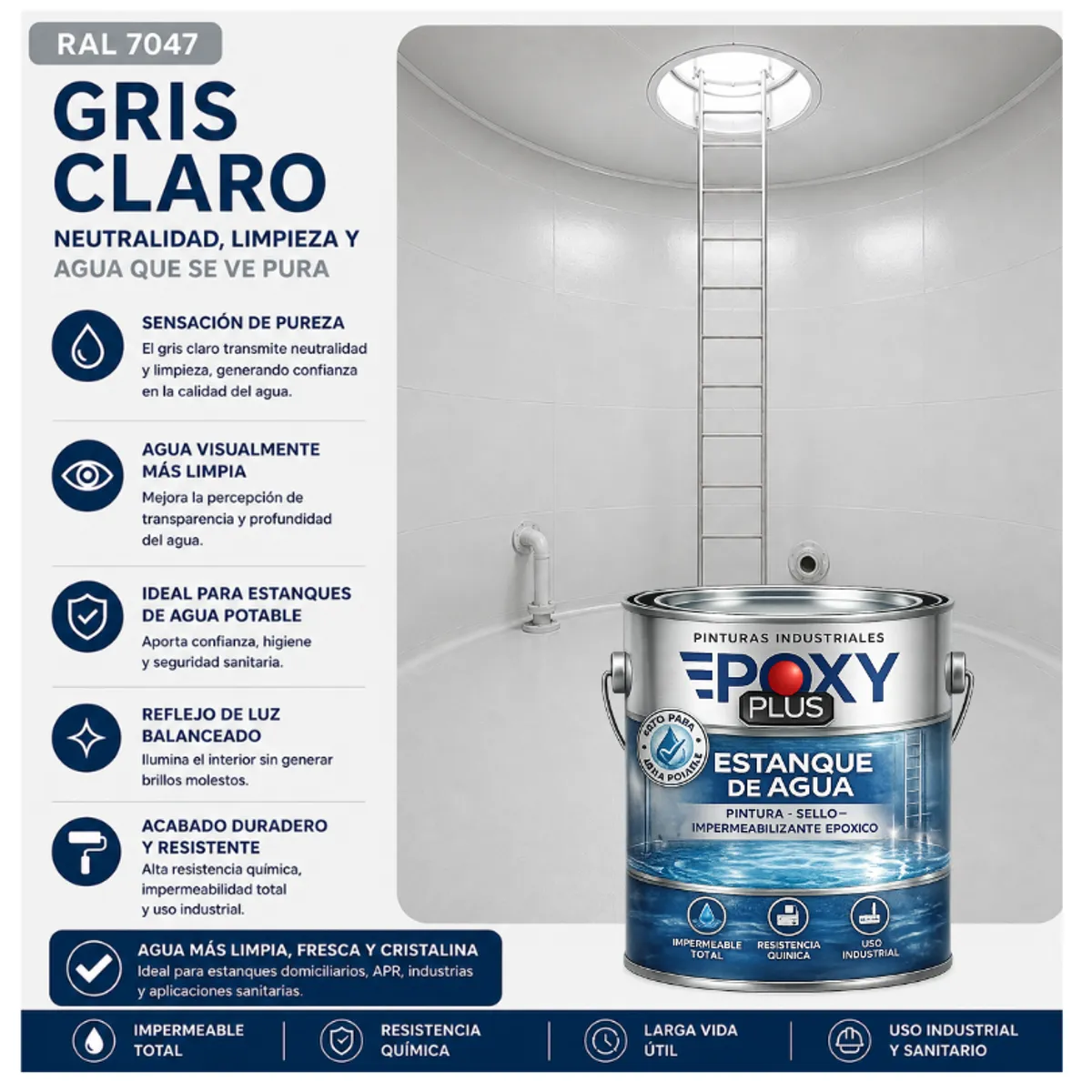 EPOXY - KIT PINTURA Epóxica ESTANQUE DE AGUA  A+B - SIN OLOR - CLASSIC 4L - GRIS CLARO