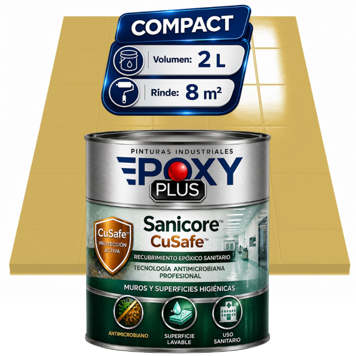 Pintura Epóxica Hospitalaria Sanicore CuSafe - MUROS Y PISOS - SIN OLOR - COMPACT 2L - AMARILLO ARENA, marca EPOXY - Foto Principal