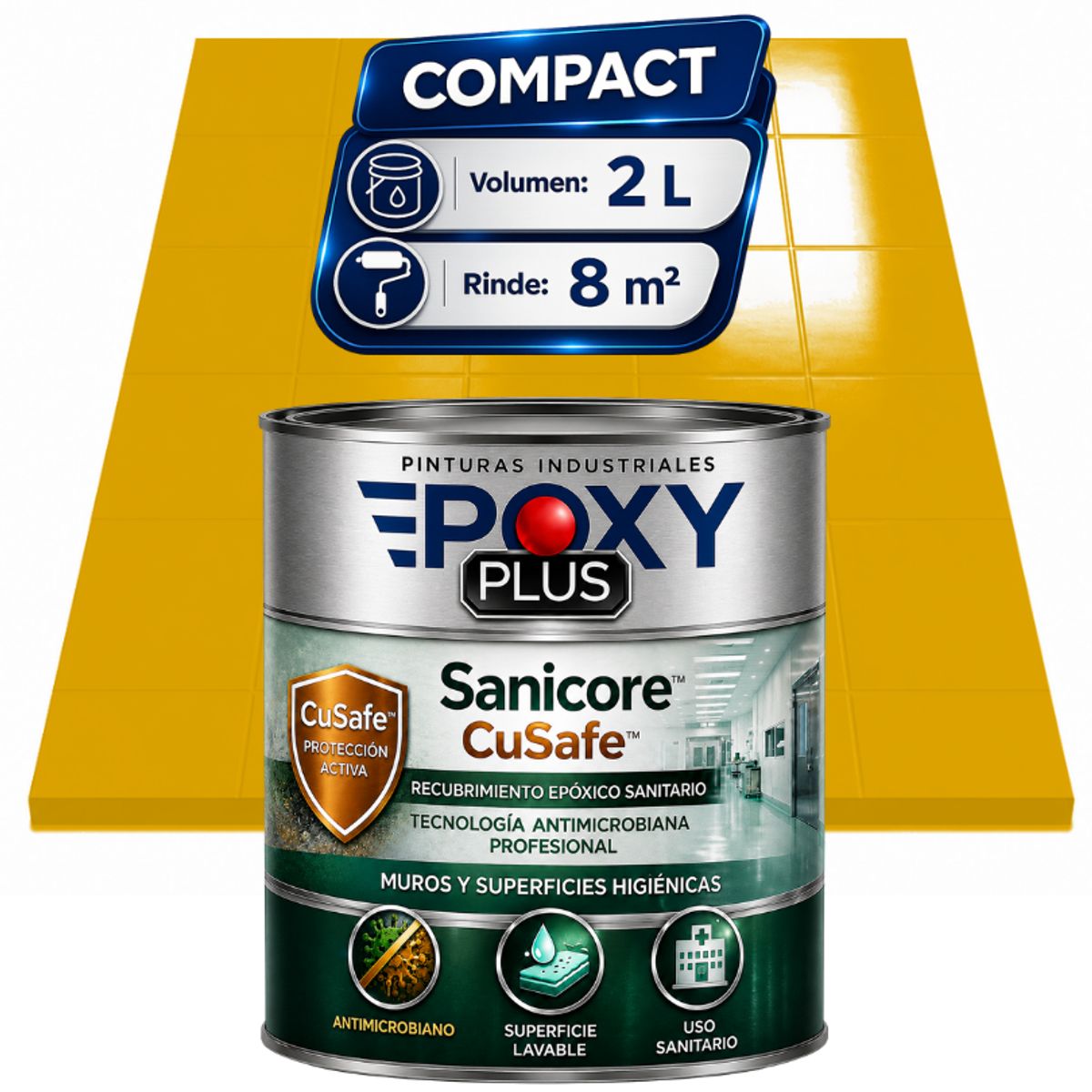 EPOXY - Pintura Epóxica Hospitalaria Sanicore CuSafe - MUROS Y PISOS - SIN OLOR - COMPACT 2L - AMARILLO ORO