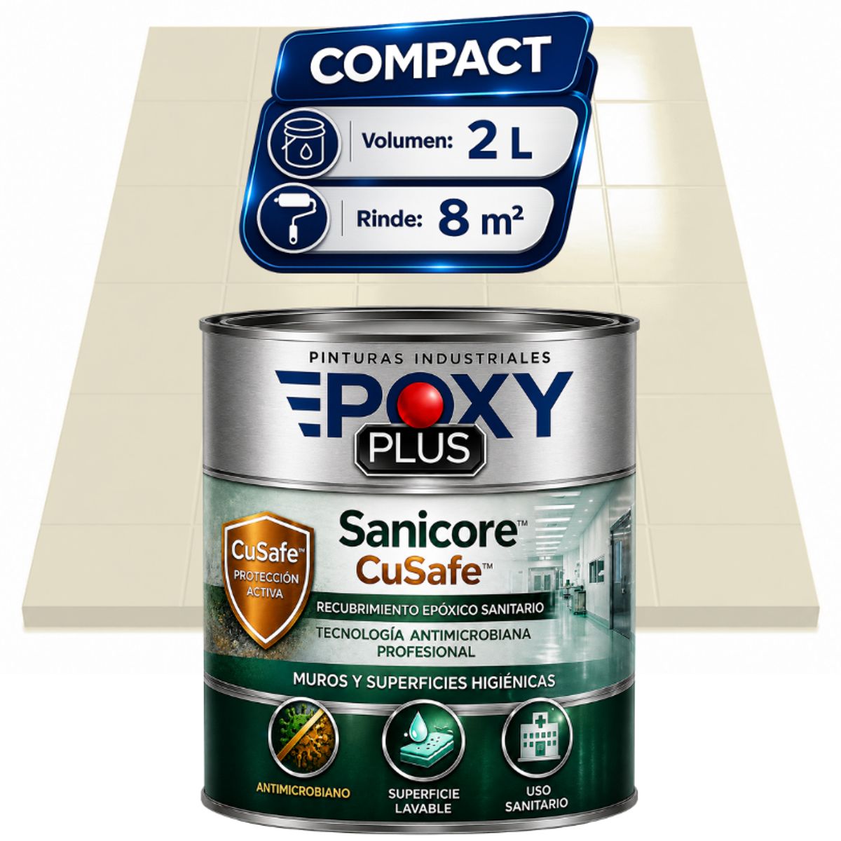 EPOXY - Pintura Epóxica Hospitalaria Sanicore CuSafe - MUROS Y PISOS - SIN OLOR - COMPACT 2L - BLANCO PERLA