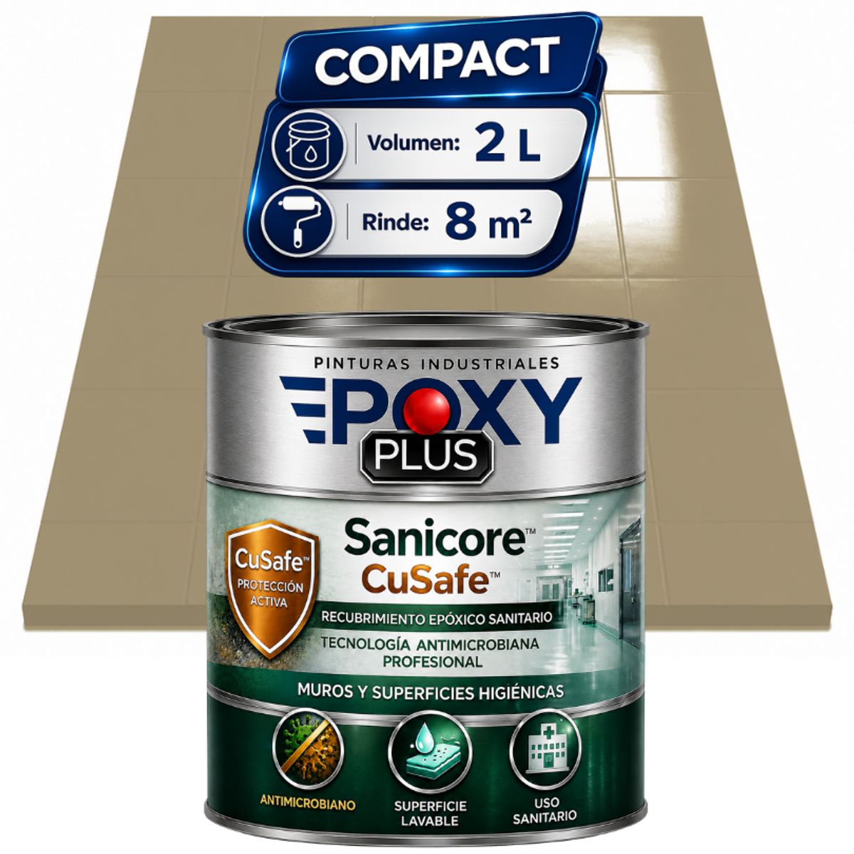 EPOXY - Pintura Epóxica Hospitalaria Sanicore CuSafe - MUROS Y PISOS - SIN OLOR - COMPACT 2L - BEIGE GRISÁCEO