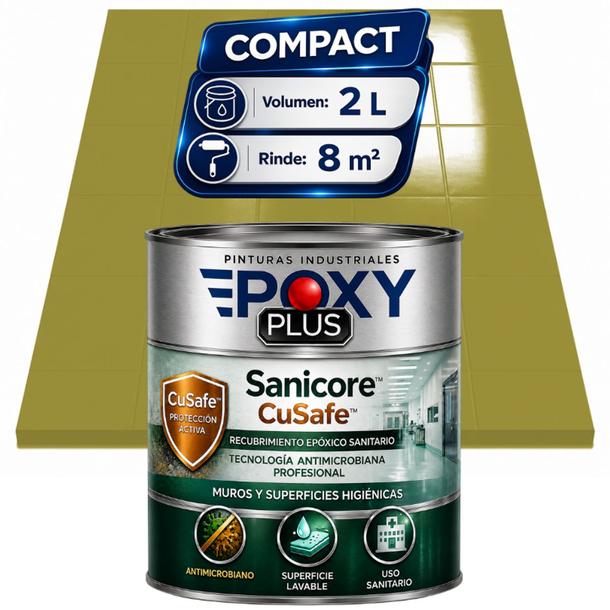 EPOXY - Pintura Epóxica Hospitalaria Sanicore CuSafe - MUROS Y PISOS - SIN OLOR - COMPACT 2L - AMARILLO OLIVA