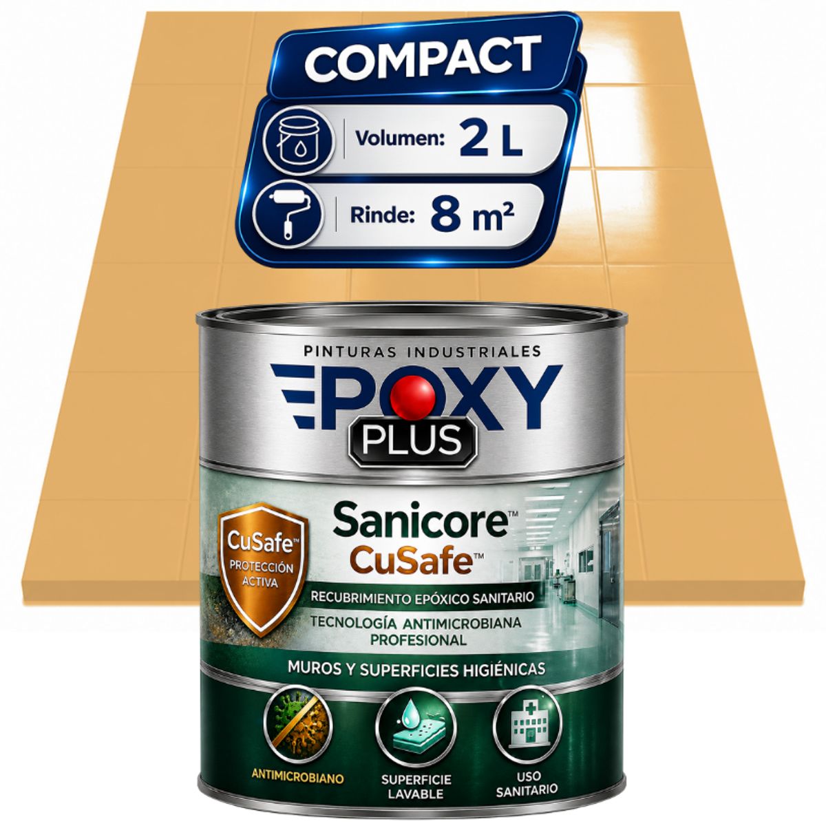 EPOXY - Pintura Epóxica Hospitalaria Sanicore CuSafe - MUROS Y PISOS - SIN OLOR - COMPACT 2L - AMARILLO PASTEL