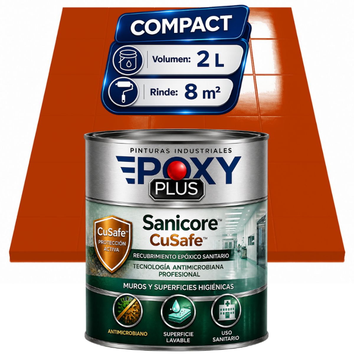 EPOXY - Pintura Epóxica Hospitalaria Sanicore CuSafe - MUROS Y PISOS - SIN OLOR - COMPACT 2L - NARANJA ROJIZO