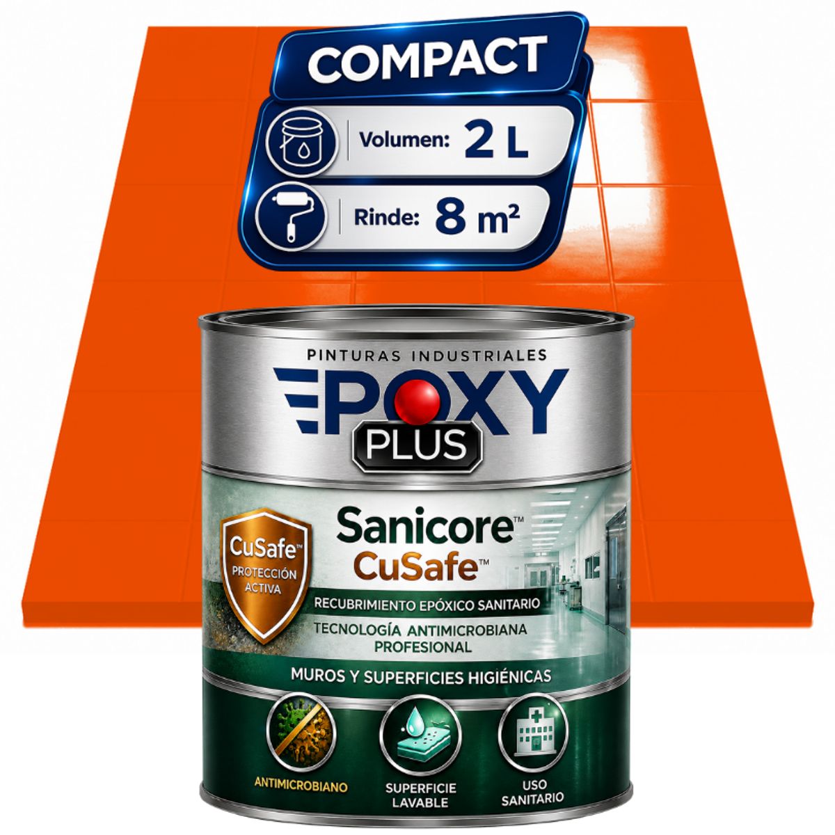 EPOXY - Pintura Epóxica Hospitalaria Sanicore CuSafe - MUROS Y PISOS - SIN OLOR - COMPACT 2L - NARANJA PURO