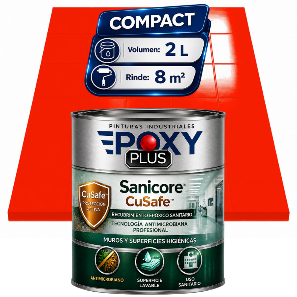 EPOXY - Pintura Epóxica Hospitalaria Sanicore CuSafe - MUROS Y PISOS - SIN OLOR - COMPACT 2L - NARANJA LUMINOSO