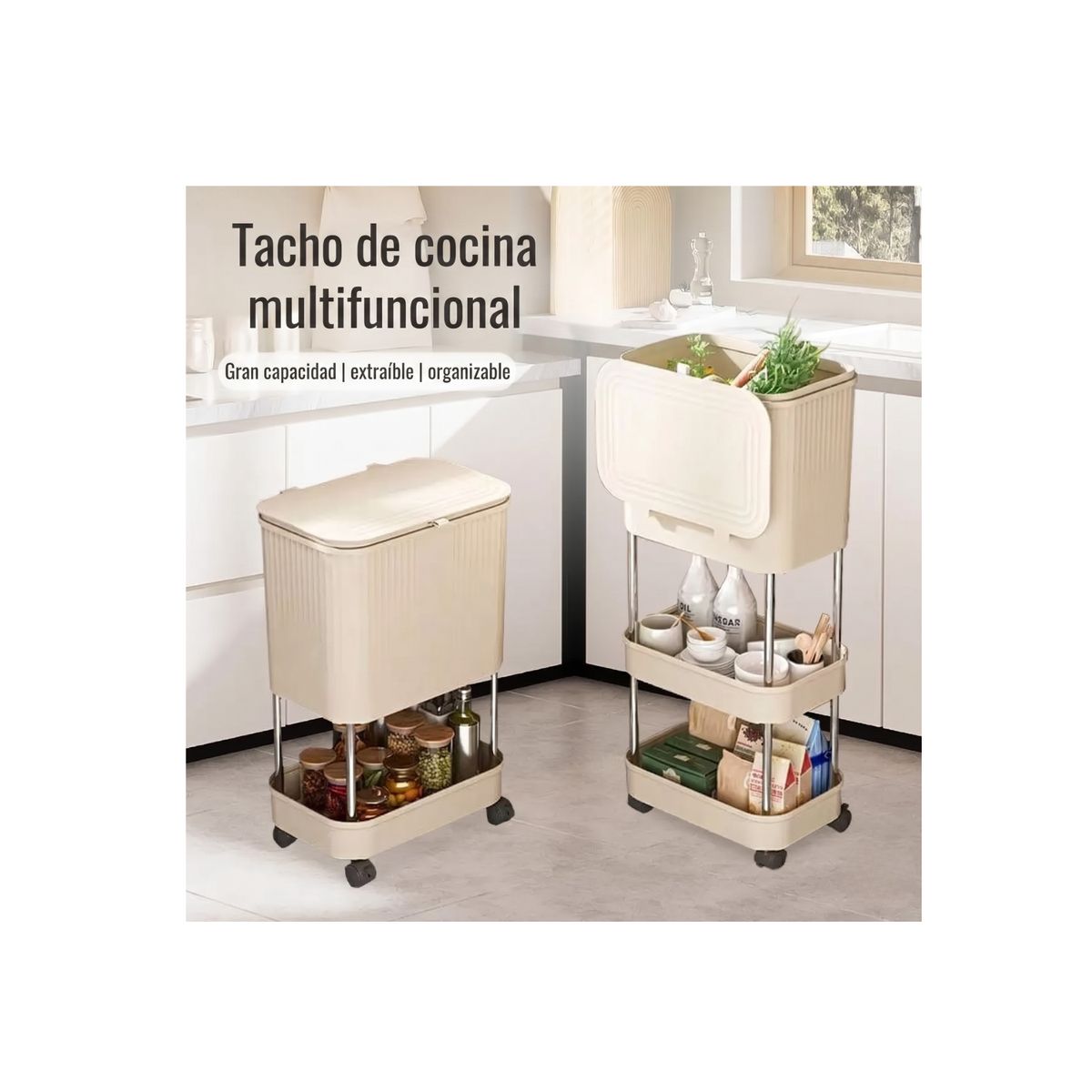 GENERICO - Basurero Organizador Multiuso con Ruedas y 3 Niveles