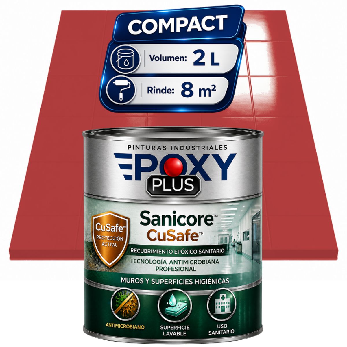 EPOXY - Pintura Epóxica Hospitalaria Sanicore CuSafe - MUROS Y PISOS - SIN OLOR - COMPACT 2L - ROJO CORAL