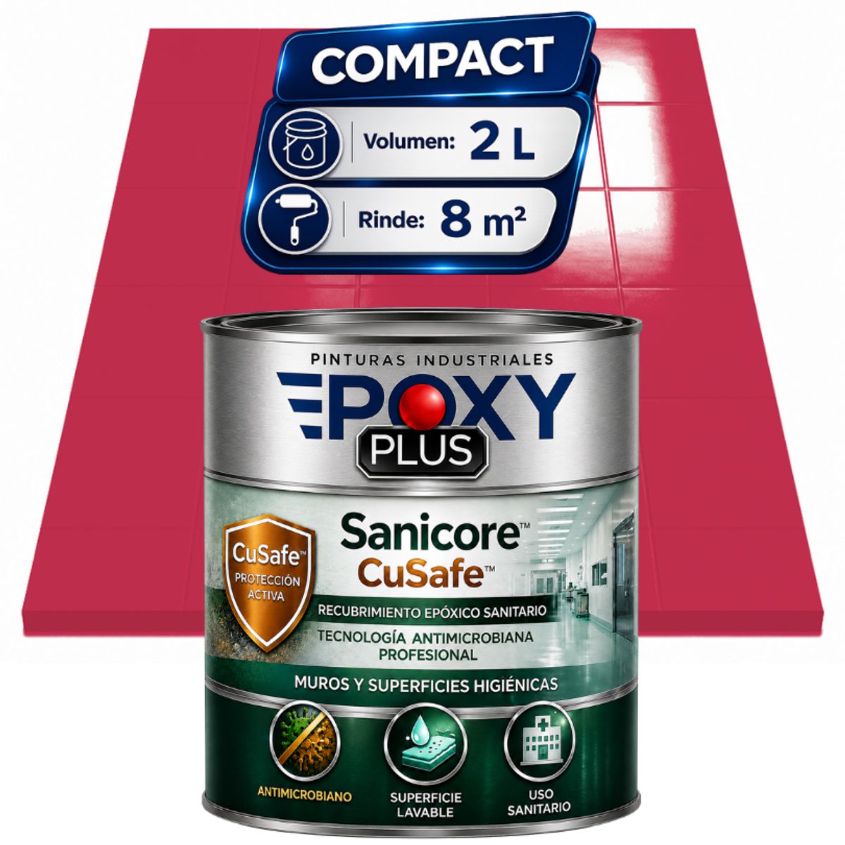 EPOXY - Pintura Epóxica Hospitalaria Sanicore CuSafe - MUROS Y PISOS - SIN OLOR - COMPACT 2L - ROJO FRESA
