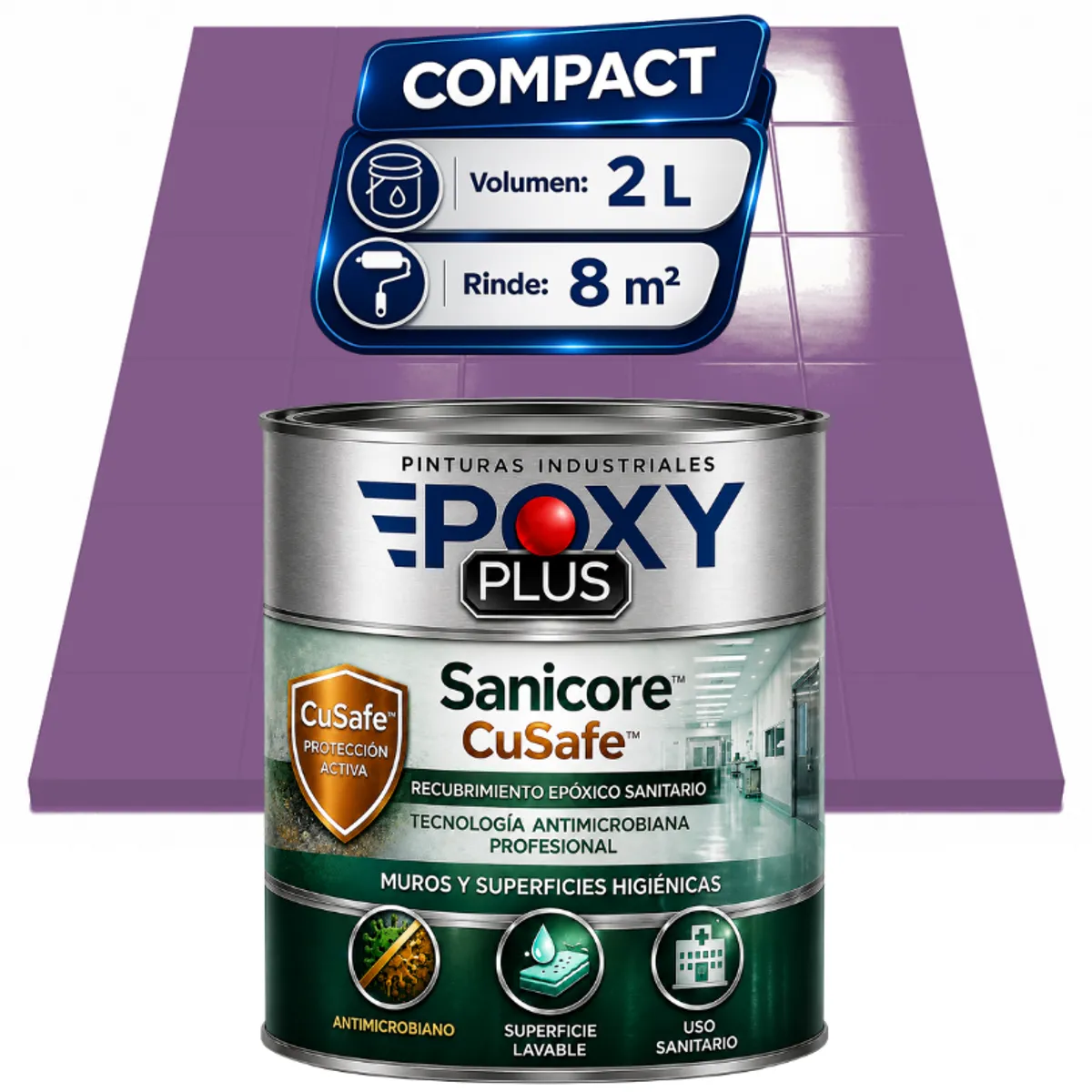 EPOXY - Pintura Epóxica Hospitalaria Sanicore CuSafe - MUROS Y PISOS - SIN OLOR - COMPACT 2L - LILA ROJIZO