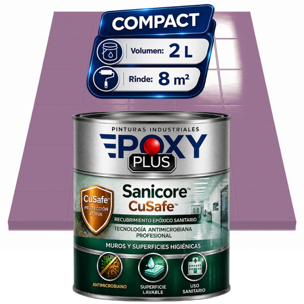 EPOXY - Pintura Epóxica Hospitalaria Sanicore CuSafe - MUROS Y PISOS - SIN OLOR - COMPACT 2L - VIOLETA PASTEL