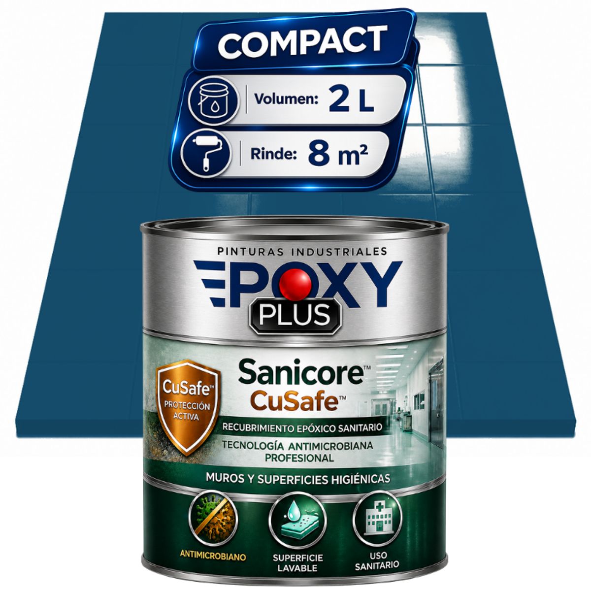 EPOXY - Pintura Epóxica Hospitalaria Sanicore CuSafe - MUROS Y PISOS - SIN OLOR - COMPACT 2L -AZUL VERDE
