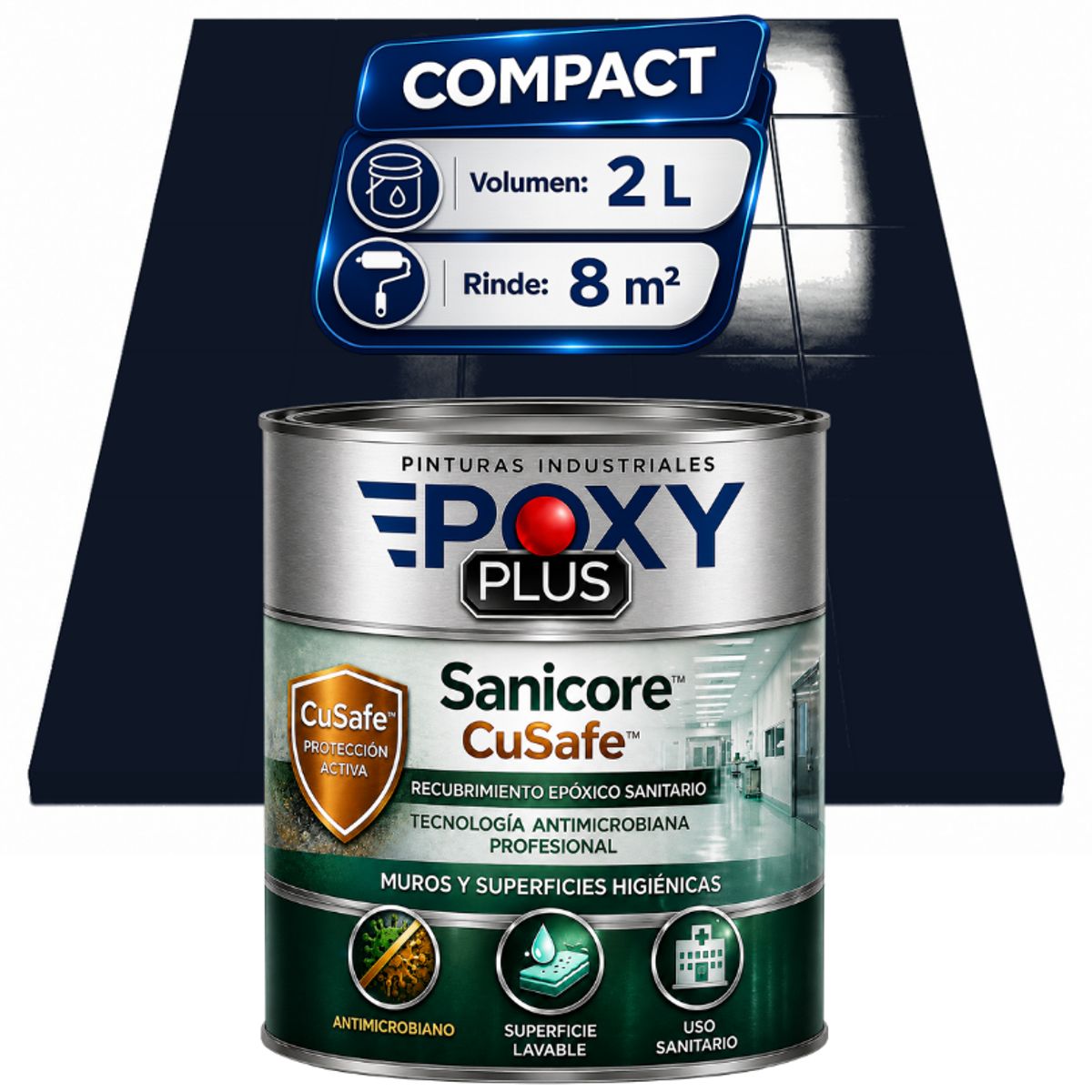 EPOXY - Pintura Epóxica Hospitalaria Sanicore CuSafe - MUROS Y PISOS - SIN OLOR - COMPACT 2L - AZUL NEGRO