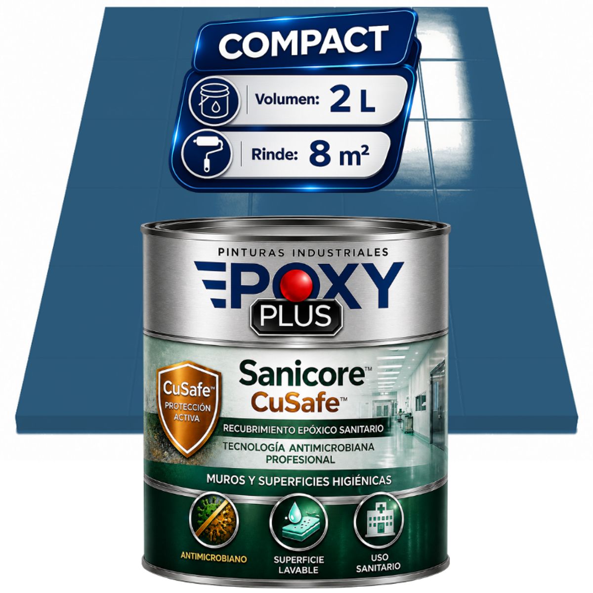 EPOXY - Pintura Epóxica Hospitalaria Sanicore CuSafe - MUROS Y PISOS - SIN OLOR - COMPACT 2L - AZUL AGUA